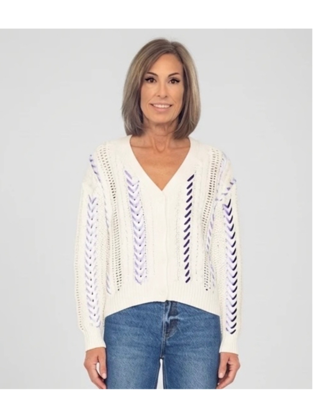 Cinq à Sept Nyla Marled Ribbon Accent Cardigan Ivory Blue Small NWT